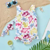 Baby Girls Swimsuit Cartoon Ocean Shark Printing Ruffled Swimwear with Bowknot Hairband
