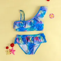 Toddler Girl Mermaid Swimsuit Scale Ruffle Off-the-shoulder Beachwear Set