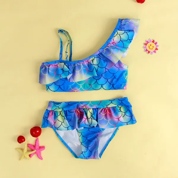 Toddler Girl Mermaid Swimsuit Scale Ruffle Off-the-shoulder Beachwear Set