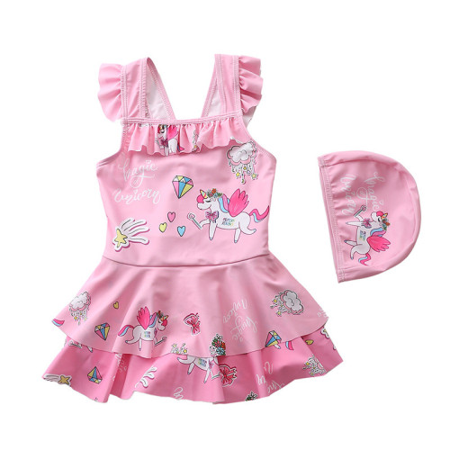 Baby Girls Rainbow Unicorn Cartoon Castle Printed Swimsuits Ruffled Skirts One-Piece