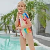 Toddler Girls Swimsuit Oil Paint Style Short Sleeves Ruffled One Piece Beachwear