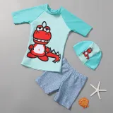 Toddler Boy Swimsuit Cartoon Dinosaur Printing Short Set With Cap