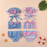 3PCS Toddler Girl Swimsuit Stripe Dot Bowknot Ruffled Beachwear