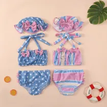 3PCS Toddler Girl Swimsuit Stripe Dot Bowknot Ruffled Beachwear
