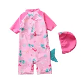 Baby Toddler Girl Pink Cartoon Mermaid Swimsuit Beachwear With Swimming Cap