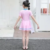 Kids Girls Swimsuits One Piece Skirt Pink Short Sleeve Bathing Suit With Zipper