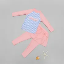 Children Girls Pink Stripe Long Sleeve Swimsuit Swimwear Tankini UV Protective Beachwear