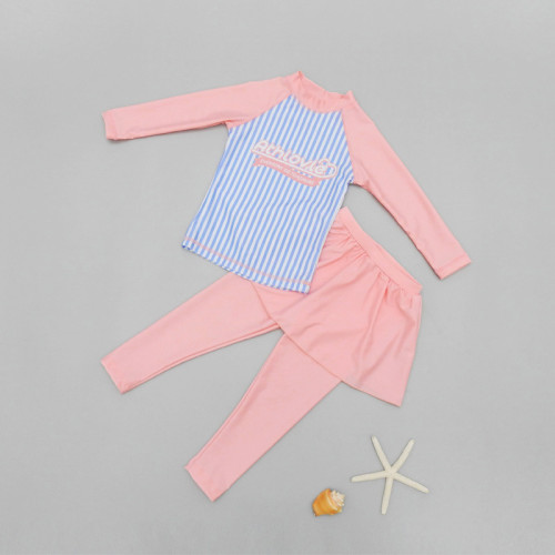 Children Girls Pink Stripe Long Sleeve Swimsuit Swimwear Tankini UV Protective Beachwear