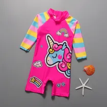 Girls Long Sleeve One-Piece Cartoon Unicorn Swimsuit Beachwear For Toddler Kids