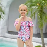 Toddler Girls Swimsuit Petal Printing Ruffle Off-the-shoulder One Piece