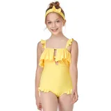 Girls One-Piece Pure Color Swimsuit Ruffled Beachwear For Toddler Kids