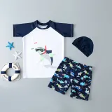 Kids Boy Short Swimsuit Cartoon Shark Crocodile Beachwear Set With Cap
