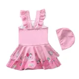 Baby Girls Rainbow Unicorn Cartoon Castle Printed Swimsuits Ruffled Skirts One-Piece