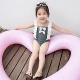 Baby Girls Swimsuit Bowknot Flounce Shoulder One-Piece Bikini With Cap