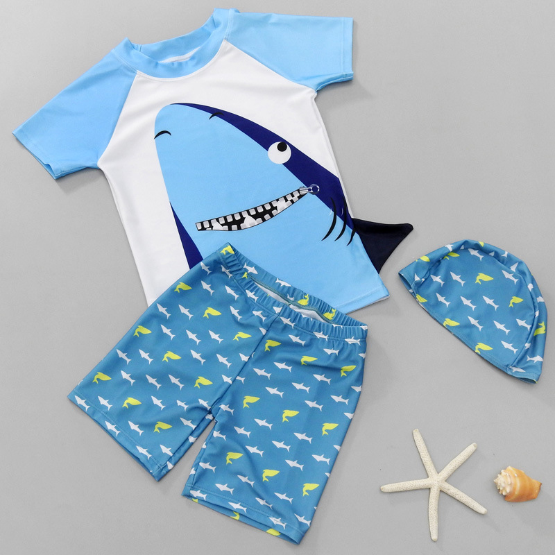 Kids Boy Swimsuit 3D Shark Tops And Printing Pants With Swimming Cap