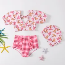 3PCS Baby Toddler Girl Swimsuit Cartoon Bear Plaids Bikini Set