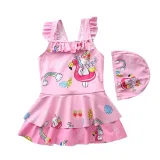 Baby Girls Rainbow Unicorn Cartoon Castle Printed Swimsuits Ruffled Skirts One-Piece
