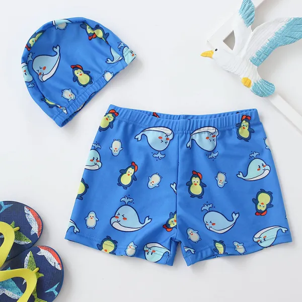 Boys Swim Trunks Cartoon Penguin Whale Quick Dry Elastic Waist Drawstring