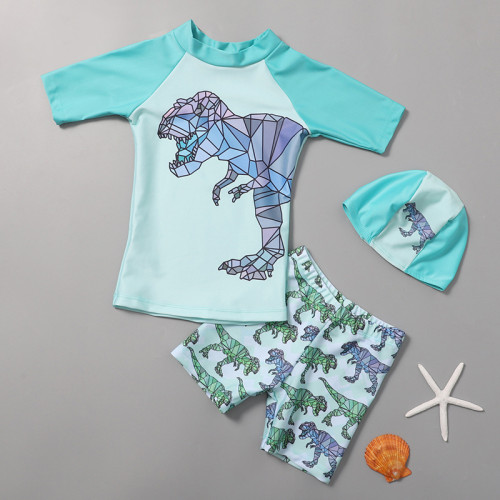 Toddler Boy Quick-Dry Swimsuit Cool Dinosaur Short Set With Cap