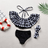 Baby Girls Swimsuit Plaids Ruffled Two-Pieces Swimwear with Bowknot Hairband