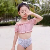 Baby Girls Swimsuit Adjustable Shoulder Ruffled Two-Pieces Bikini With Cap