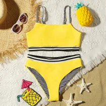 Toddler Girls Yellow Swimsuit Black and White Stripe Beachwear Set