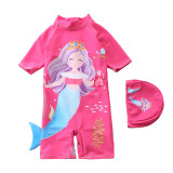 Baby Toddler Girl Pink Cartoon Mermaid Swimsuit Beachwear With Swimming Cap