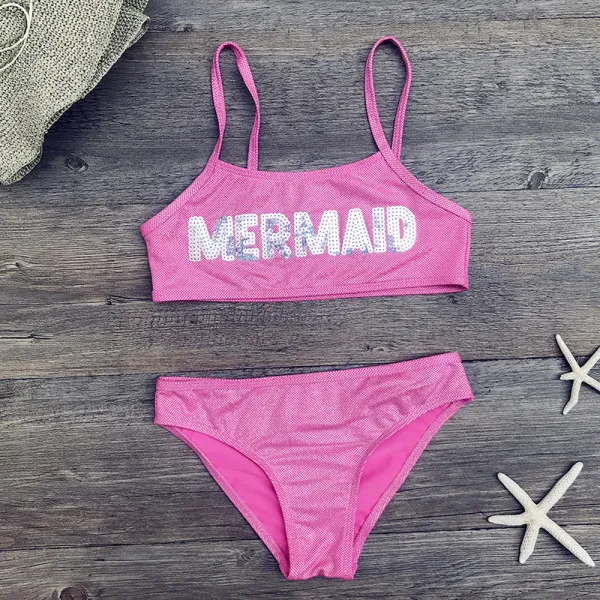 Toddler Girl Swimsuit Mermaid Letter Glitter Hot-stamping Bikini Beachwear