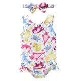 Baby Girls Swimsuit Cartoon Ocean Shark Printing Ruffled Swimwear with Bowknot Hairband