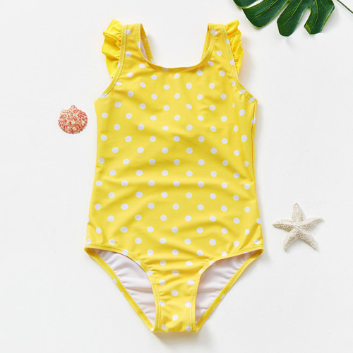 Baby Toddler Girl Yellow Swimsuit Ruffled Dot Sleeveless Bowknot Beachwear