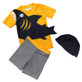 Kids Boy Swimsuit 3D Shark Tops And Stripe Pants With Swimming Cap