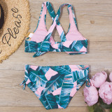 Toddler Girl Swimsuit Leaves Printing Bikini Bowknot Beachwear Set