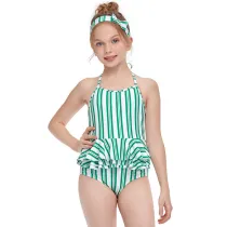 Girls One-Piece Vertical Stripe Swimsuit Ruffled Beachwear For Toddler Kids