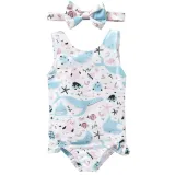 Baby Girls Swimsuit Cartoon Ocean Shark Printing Ruffled Swimwear with Bowknot Hairband