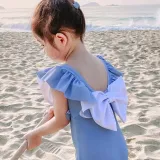 Children Girls Swimsuit Big Bowknot Flounce Sleeve One-Piece Bikini With Cap