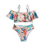 Toddler Girls Swimsuit Sleeveless Off-the-shoulder Flower Printing Ruffled Beachwear Set