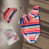 Baby Girls Swimsuit Rainbow Stripe Single Shoulder Flounce One-Piece Bikini With Cap
