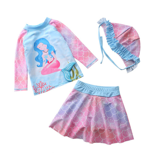 3PCS Baby Toddler Girl Pink Cartoon Mermaid Swimsuit Beachwear