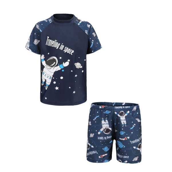 Kids Boy Swimsuit Spaceman Printing Beachwear Short Set With Swimming Cap