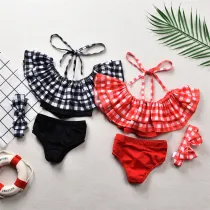 Baby Girls Swimsuit Plaids Ruffled Two-Pieces Swimwear with Bowknot Hairband