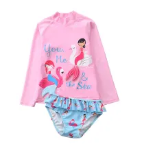 Baby Girls Mermaid Flamingo Cartoon Printed Swimsuits Ruffled Long Sleeve Beachwear