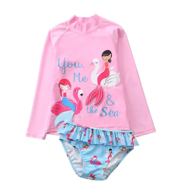 Baby Girls Mermaid Flamingo Cartoon Printed Swimsuits Ruffled Long Sleeve Beachwear