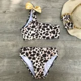 Toddler Girl Swimsuit Leopard Printing Bikini One-shoulder Bowknot Beachwear Set