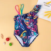 Toddler Girl Swimsuit Colourful Butterfly Printing Ruffled Beachwear