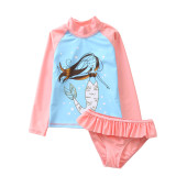 Baby Girls Mermaid Flamingo Cartoon Printed Swimsuits Ruffled Long Sleeve Beachwear