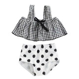 Baby Girls Swimsuit Black and White Plaids Dot Two-Pieces Bikini With Cap