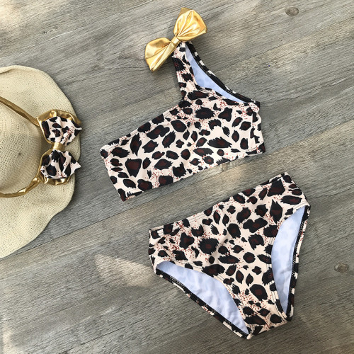 Toddler Girl Swimsuit Leopard Printing Bikini One-shoulder Bowknot Beachwear Set