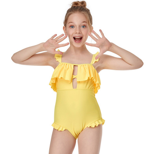 Girls One-Piece Pure Color Swimsuit Ruffled Beachwear For Toddler Kids