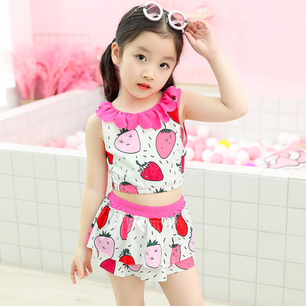 Baby Girls Swimsuit Cute Strawberry Printed Petals Collar Edge Two-Pieces Bikini Beachwear