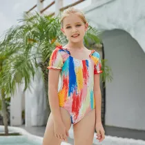 Toddler Girls Swimsuit Oil Paint Style Short Sleeves Ruffled One Piece Beachwear